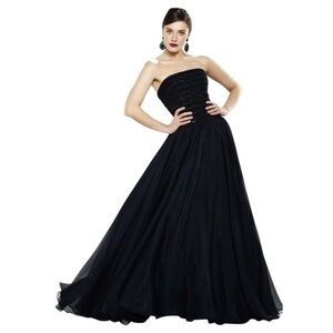 Theia Strapless Sequined Tweed Bodice A-Line Organza Gown Dress in Black size 8